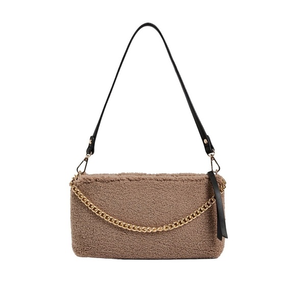New! Like Dreams Demi Envelope Sherpa Faux Leather Gold Chain Mini Shoulder Bag - Picture 1 of 13